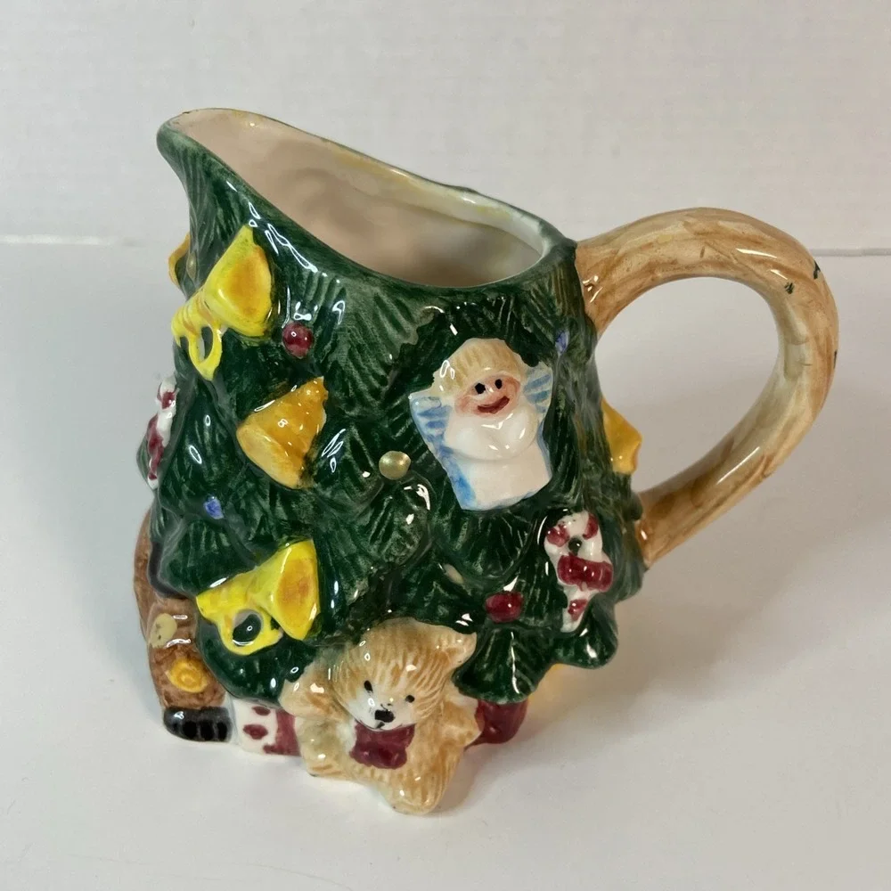 Vtg Earthenware Christmas Tree Sugar & Creamer Set w/Original Box Kitchen Decor